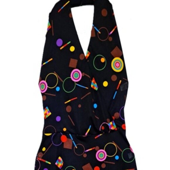 Vtg 70s Black Pink Geometric Halter Maxi Dress 2 - Picture 8 of 9